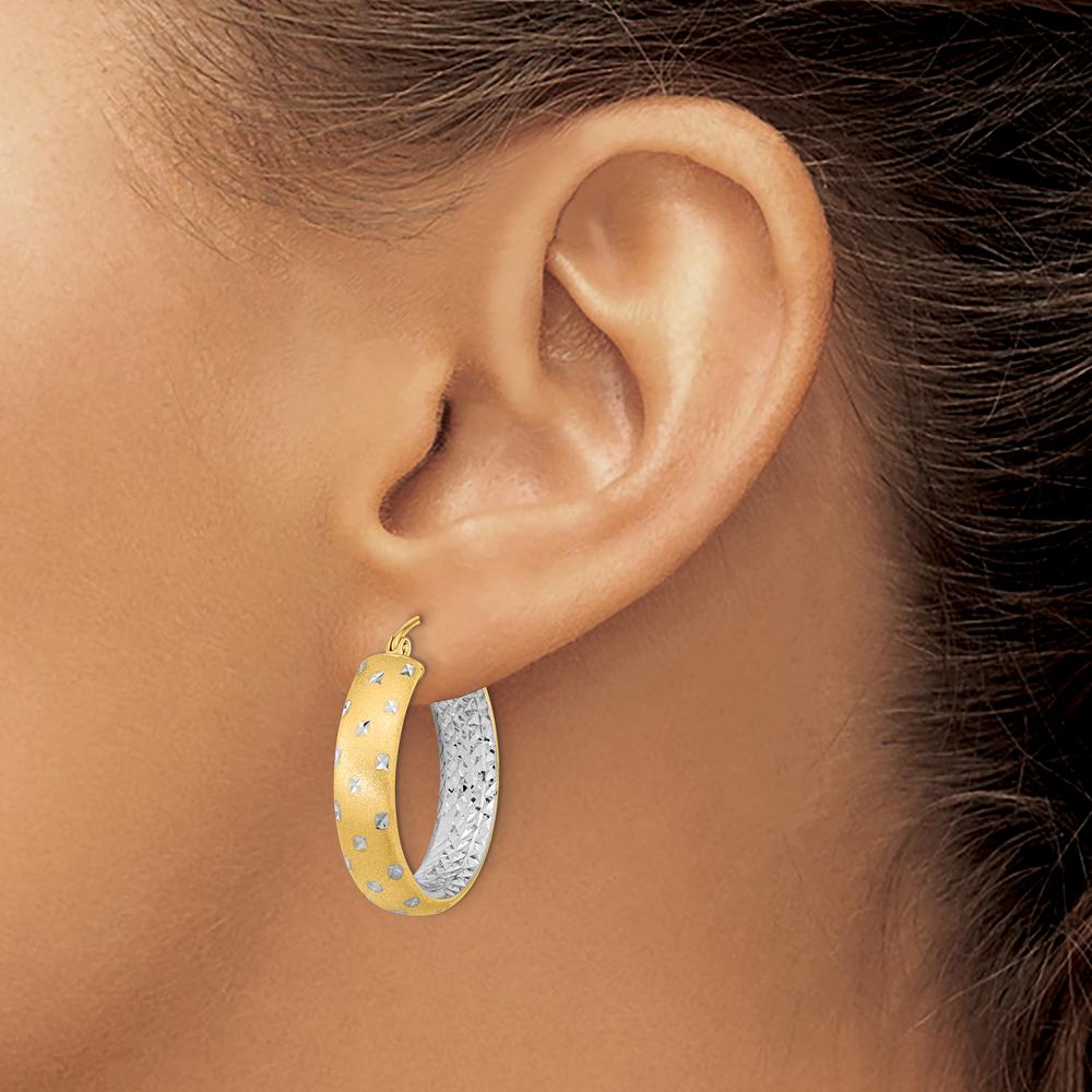 14K Yellow Gold Diamond-Cut In/Out Hoop Earrings with Rhodium Accents - 26.11mm Length by 0