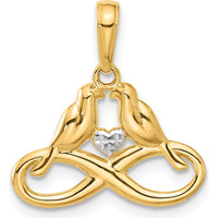 14K Yellow Gold Diamond-Cut Infinity Love Birds Pendant with Heart-Shaped Diamond by Oro Pregiato