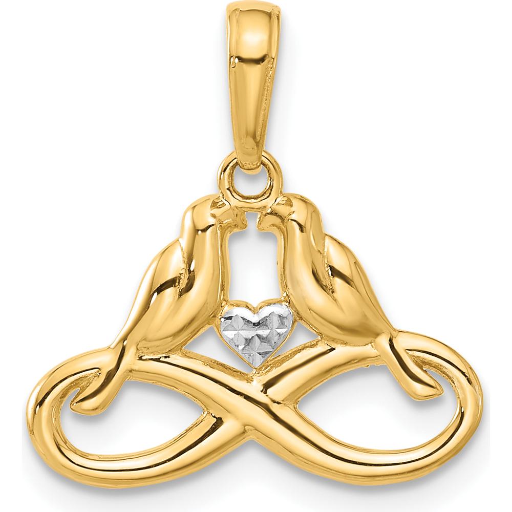 14K Yellow Gold Diamond-Cut Infinity Love Birds Pendant with Heart-Shaped Diamond by Oro Pregiato