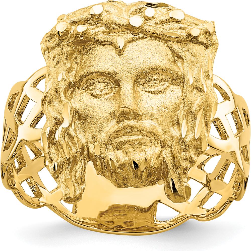 14K Yellow Gold Diamond-Cut Jesus Head Themed Ring with Polished Finish by Oro Pregiato
