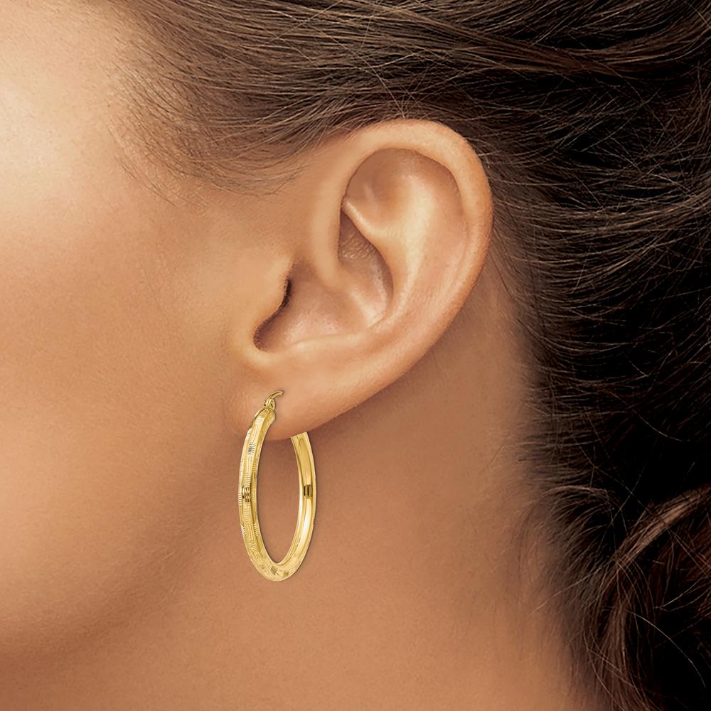 14K Yellow Gold Diamond-Cut Large Hoop Earrings - 30mm Length by 0