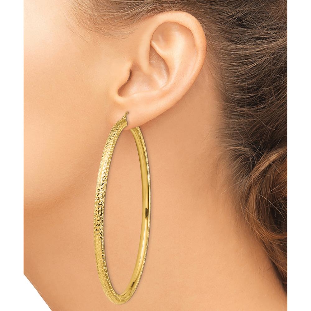 14K Yellow Gold Diamond-Cut Large Hoop Earrings - 80mm Diameter, 4mm Thickness by 0