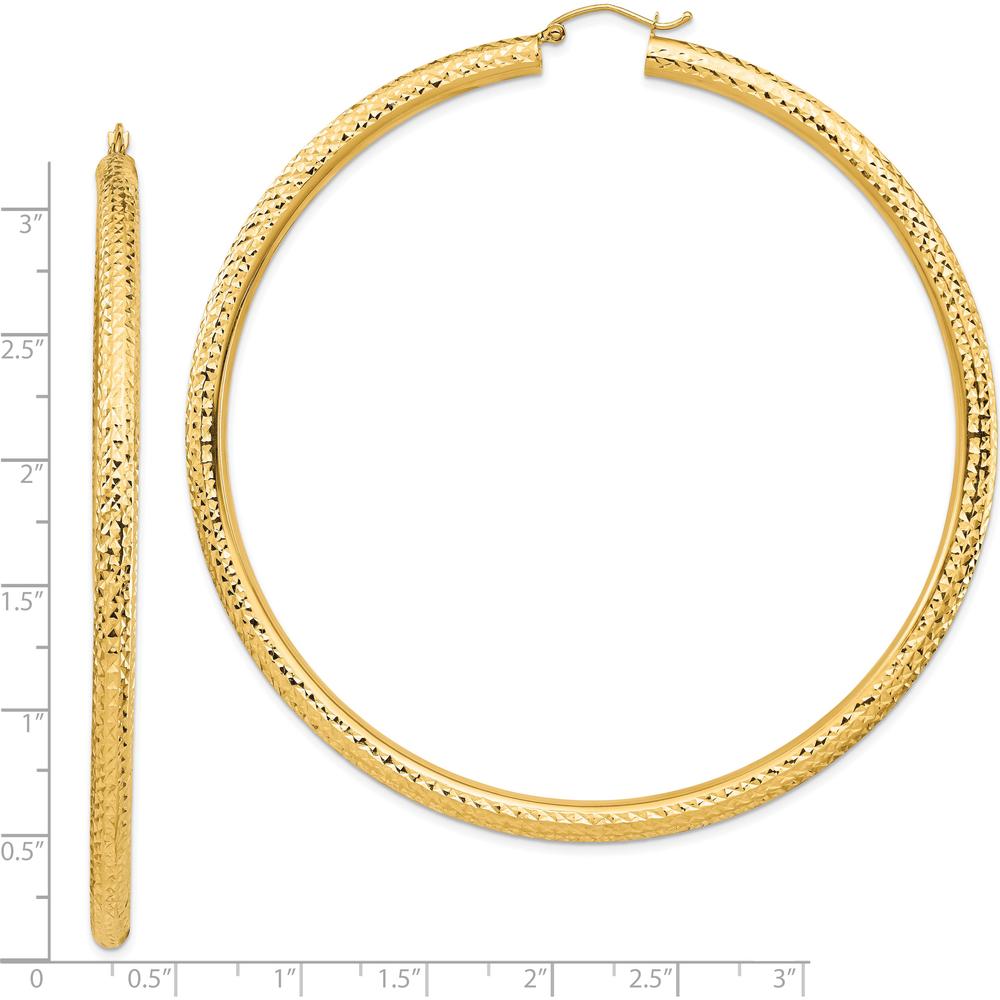 14K Yellow Gold Diamond-Cut Large Hoop Earrings - 80mm Diameter, 4mm Thickness by 0