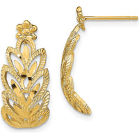 14K Yellow Gold Diamond-Cut Leaf Pattern Drop Earrings - 22mm Length by 0