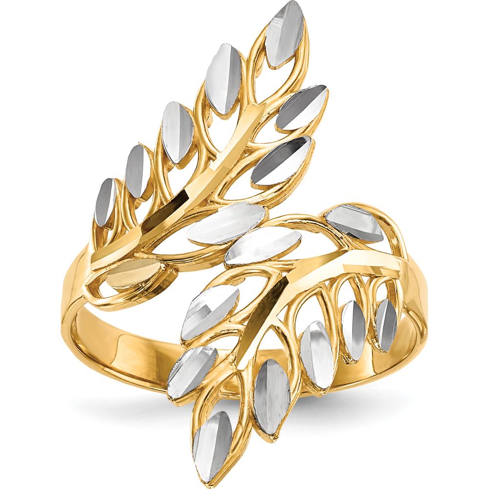 14K Yellow Gold Diamond-Cut Leaf Ring with Rhodium Plating by 0