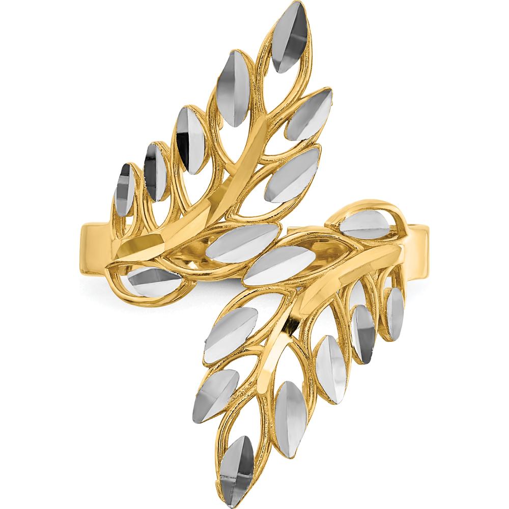 14K Yellow Gold Diamond-Cut Leaf Ring with Rhodium Plating by 0