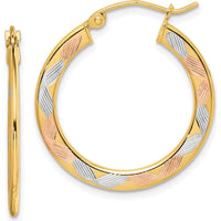 14K Yellow Gold Diamond-Cut Medium Hoop Earrings with White and Rose Rhodium Accents by 0