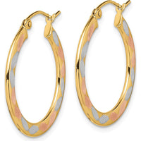 14K Yellow Gold Diamond-Cut Medium Hoop Earrings with White and Rose Rhodium Accents by 0