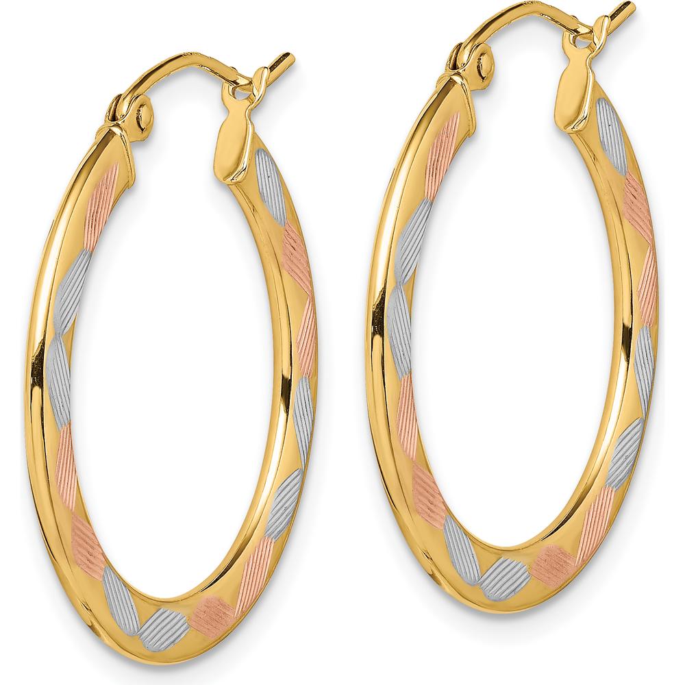 14K Yellow Gold Diamond-Cut Medium Hoop Earrings with White and Rose Rhodium Accents by 0