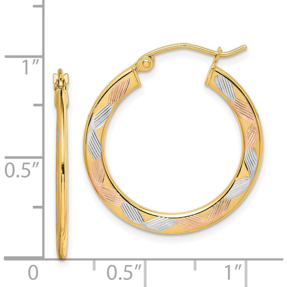 14K Yellow Gold Diamond-Cut Medium Hoop Earrings with White and Rose Rhodium Accents by 0