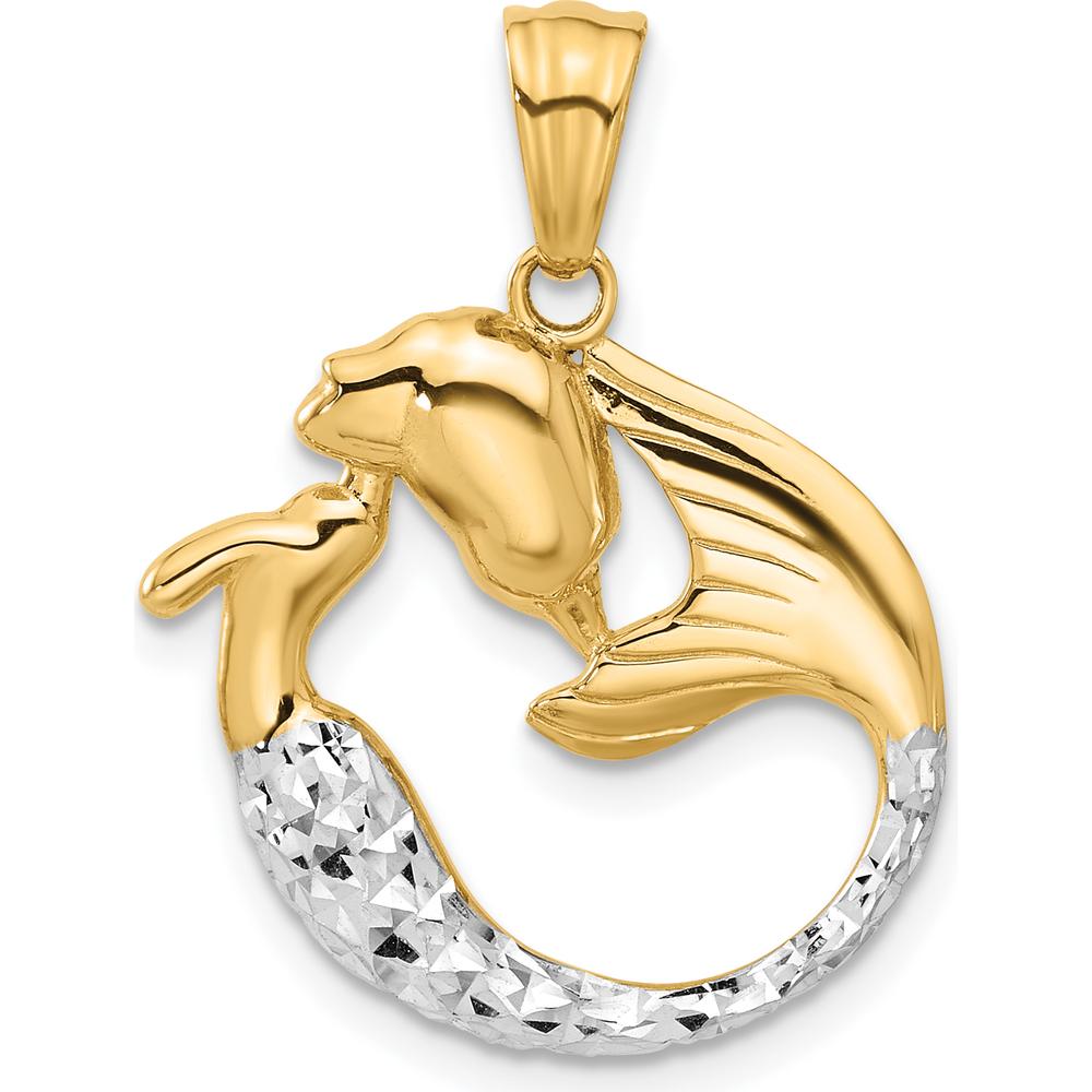 14K Yellow Gold Diamond-Cut Mermaid Pendant with White Rhodium Accents - 27.5mm Length by Oro Pregiato