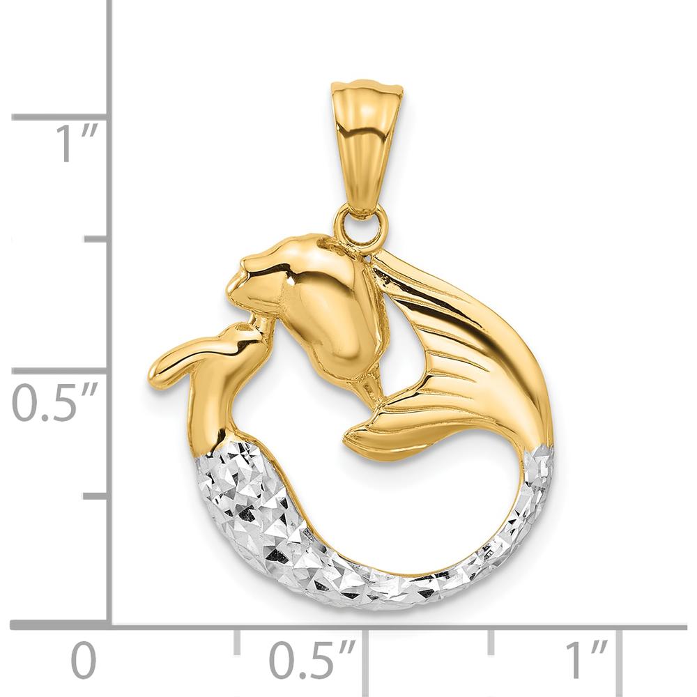 14K Yellow Gold Diamond-Cut Mermaid Pendant with White Rhodium Accents - 27.5mm Length by Oro Pregiato