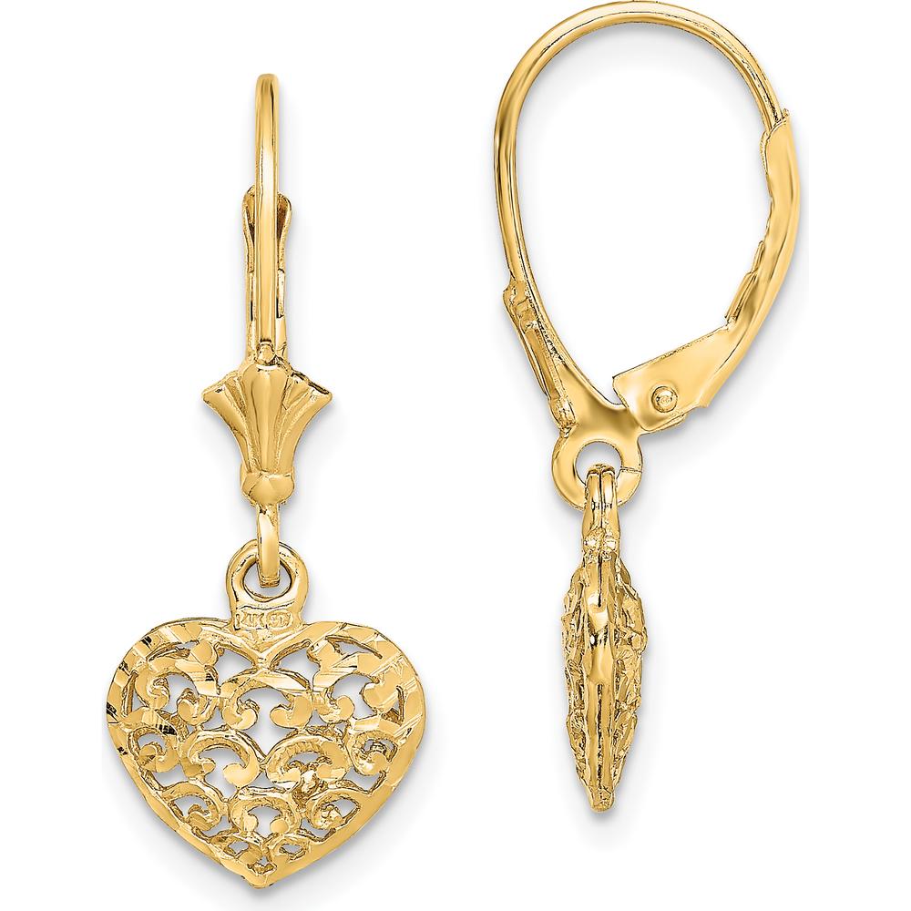 14K Yellow Gold Diamond-Cut Mini Puffed Heart Leverback Drop Earrings by 0