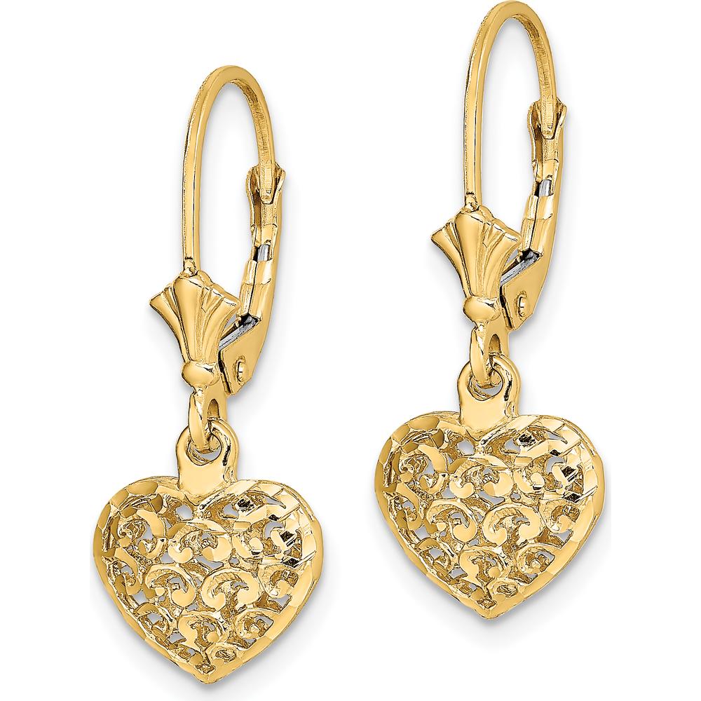 14K Yellow Gold Diamond-Cut Mini Puffed Heart Leverback Drop Earrings by 0
