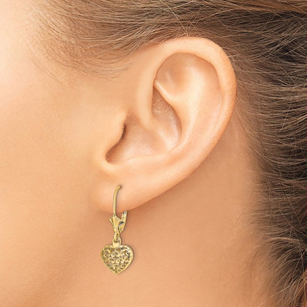 14K Yellow Gold Diamond-Cut Mini Puffed Heart Leverback Drop Earrings by 0