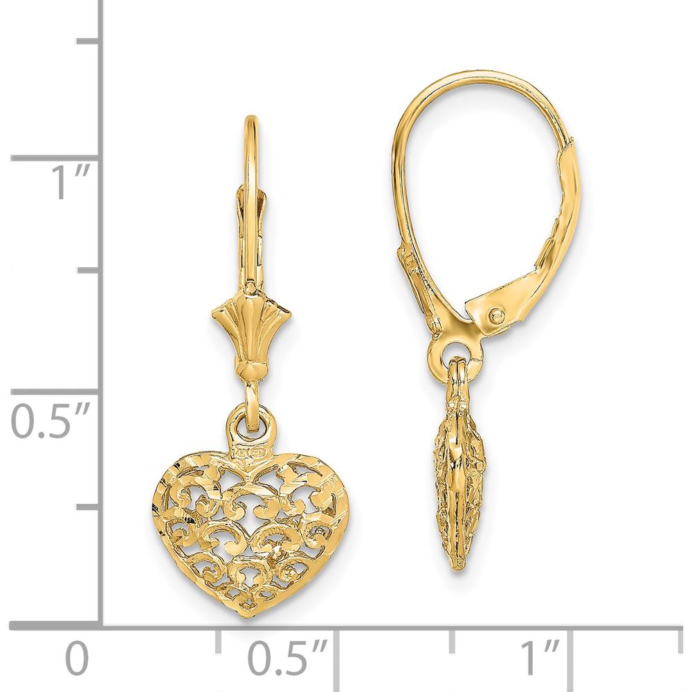 14K Yellow Gold Diamond-Cut Mini Puffed Heart Leverback Drop Earrings by 0