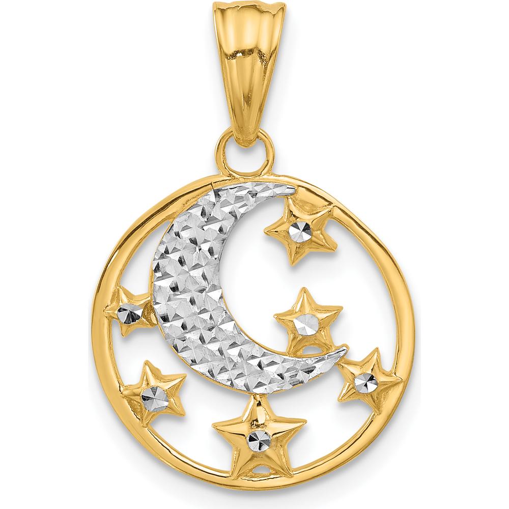 14K Yellow Gold Diamond-Cut Moon and Stars Pendant with Rhodium Accents by Oro Pregiato