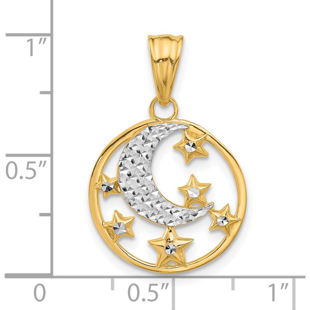 14K Yellow Gold Diamond-Cut Moon and Stars Pendant with Rhodium Accents by Oro Pregiato