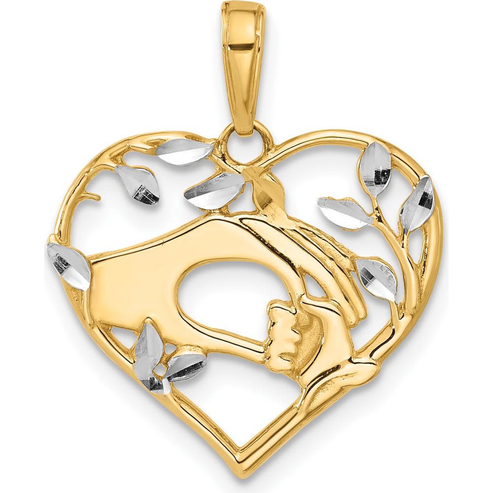 14K Yellow Gold Diamond-Cut Mother and Child Hands Heart Pendant with Rhodium Accents - 24.3mm by Oro Pregiato