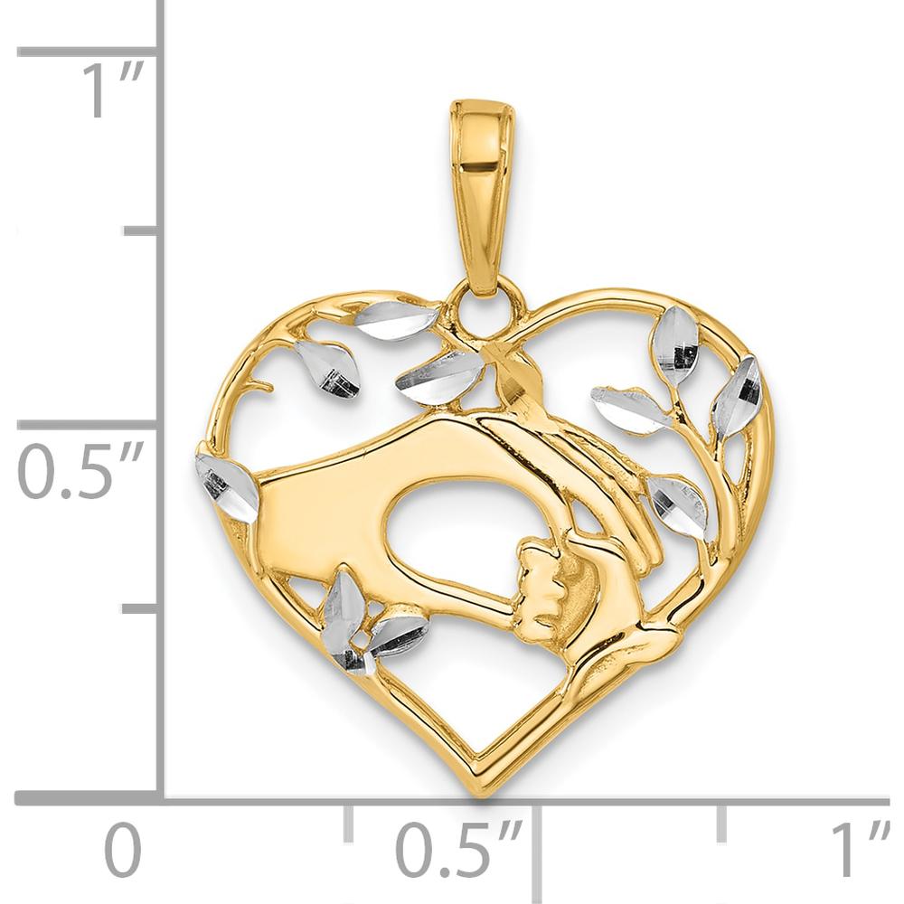 14K Yellow Gold Diamond-Cut Mother and Child Hands Heart Pendant with Rhodium Accents - 24.3mm by Oro Pregiato