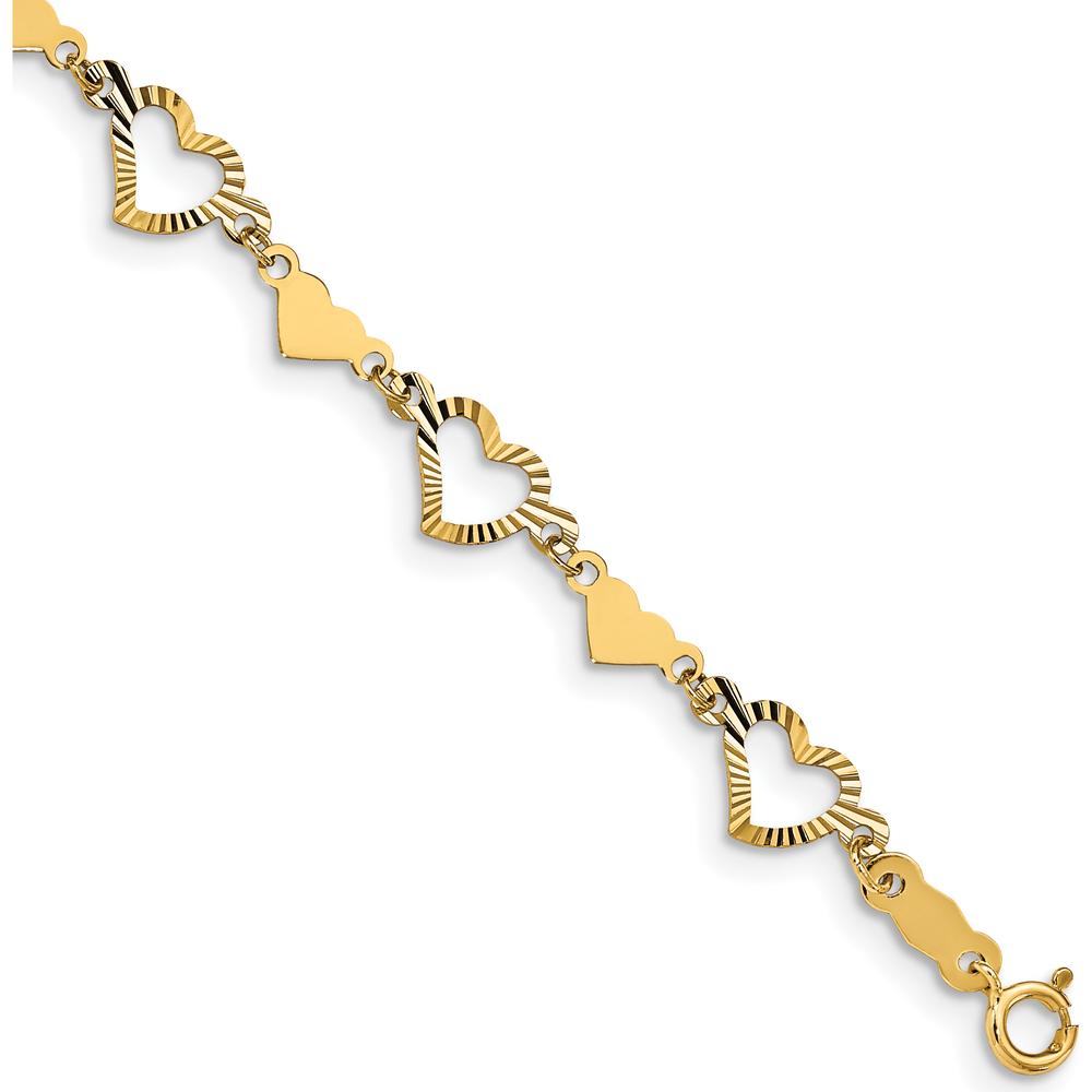 14K Yellow Gold Diamond-Cut Open and Polished Hearts 7.5" Bracelet by Oro Pregiato
