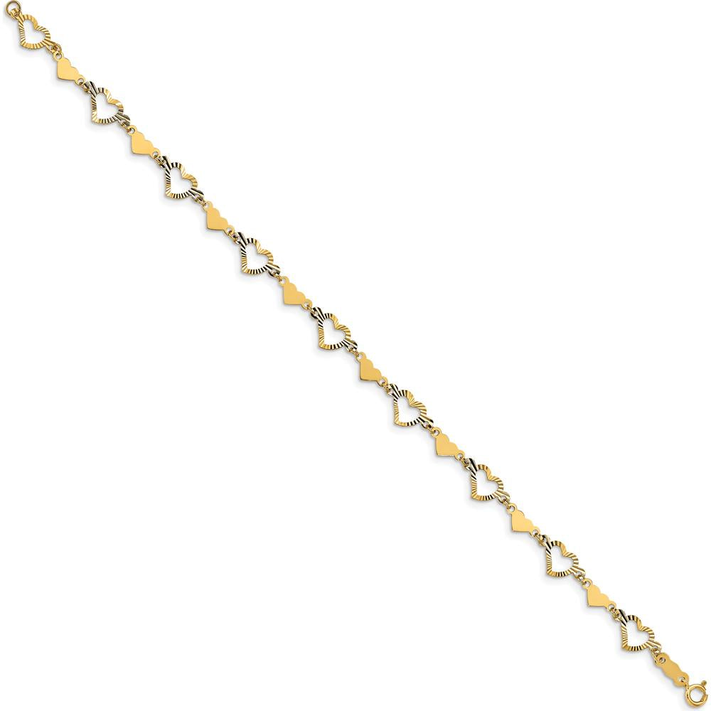 14K Yellow Gold Diamond-Cut Open and Polished Hearts 7.5" Bracelet by Oro Pregiato