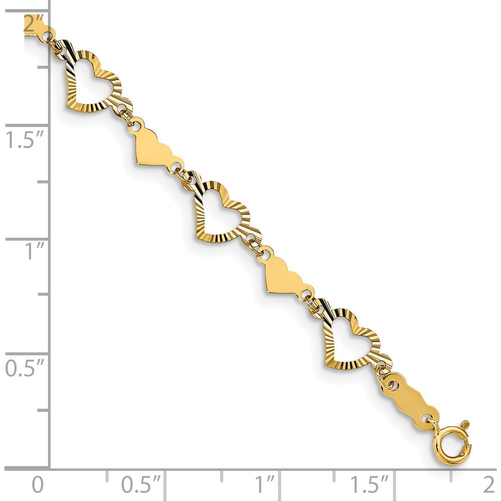 14K Yellow Gold Diamond-Cut Open and Polished Hearts 7.5" Bracelet by Oro Pregiato