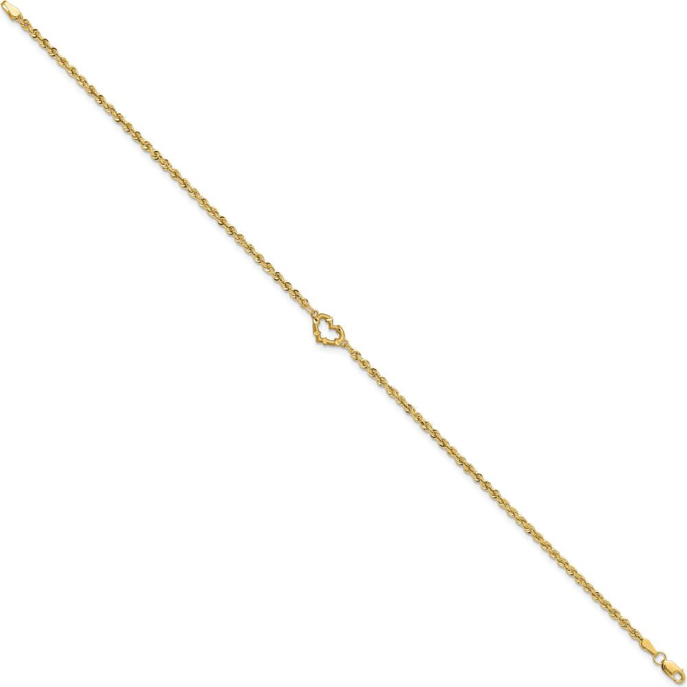 14K Yellow Gold Diamond-Cut Open Heart Charm Rope Chain Anklet - 9" Length
