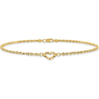 14K Yellow Gold Diamond-Cut Open Heart Charm Rope Chain Anklet - 9" Length