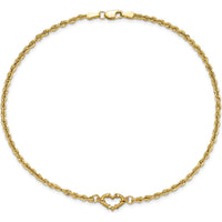 14K Yellow Gold Diamond-Cut Open Heart Charm Rope Chain Anklet - 9" Length