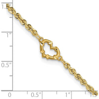 14K Yellow Gold Diamond-Cut Open Heart Charm Rope Chain Anklet - 9" Length
