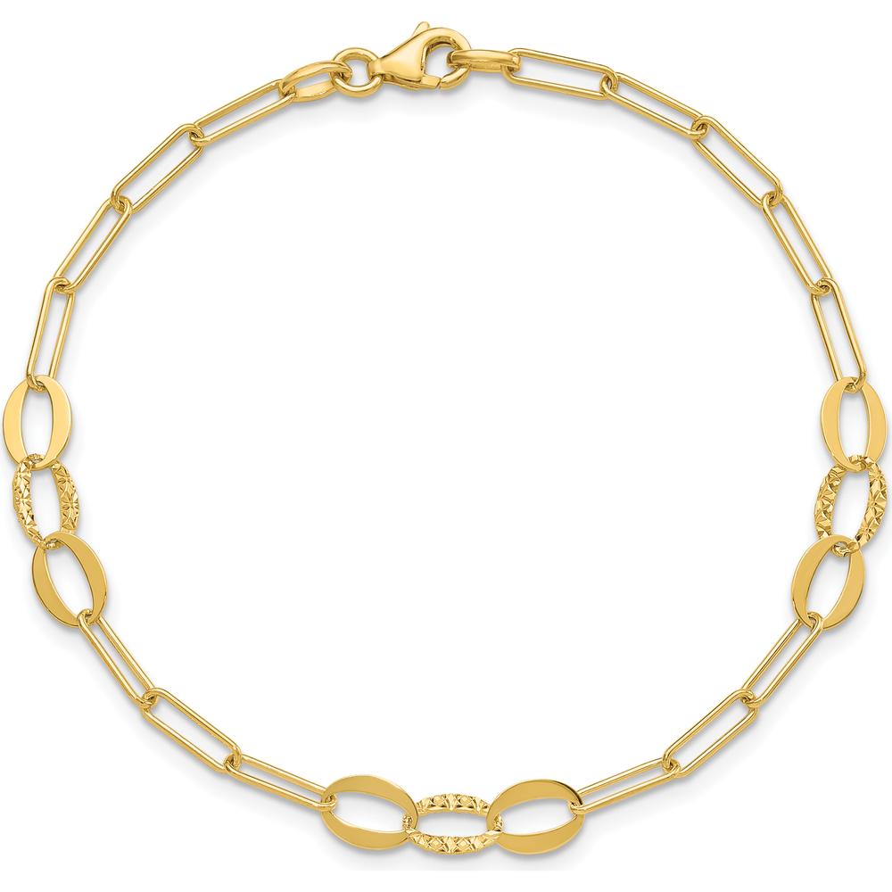 14K Yellow Gold Diamond-Cut Oval and Paperclip Link Bracelet - 7.25" Length by 0