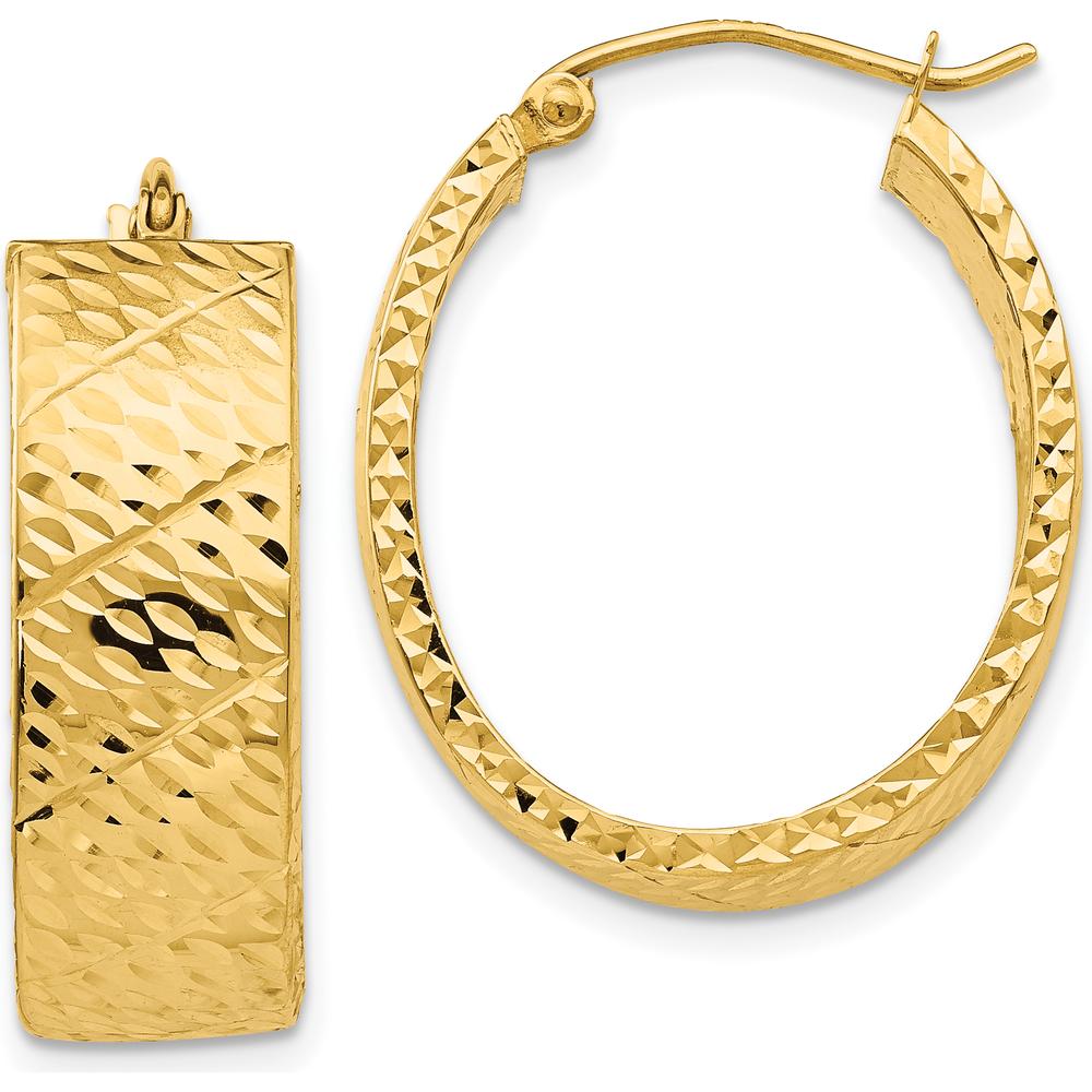 14K Yellow Gold Diamond Cut Oval Hoop Earrings - Polished Finish 25mm Length by 0