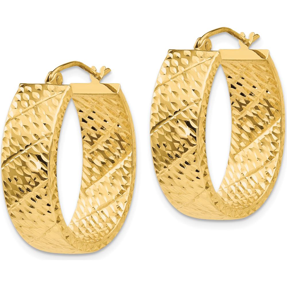 14K Yellow Gold Diamond Cut Oval Hoop Earrings - Polished Finish 25mm Length by 0