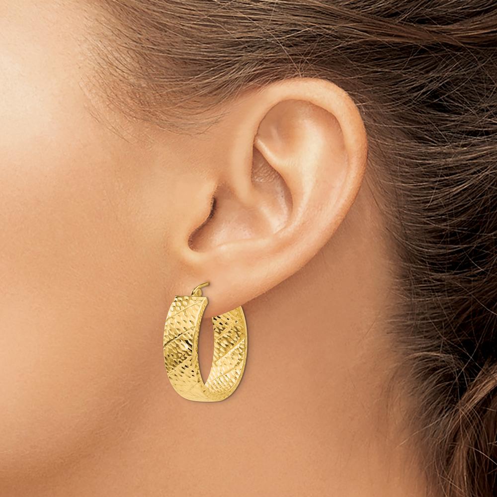 14K Yellow Gold Diamond Cut Oval Hoop Earrings - Polished Finish 25mm Length by 0