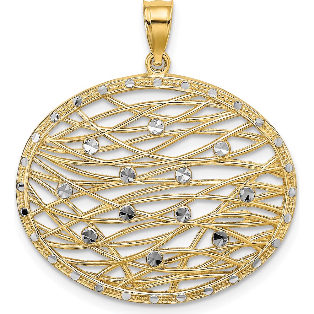 14K Yellow Gold Diamond-Cut Oval Pendant with White Rhodium Accents - Elegant Charm with Polished Finish by Oro Pregiato