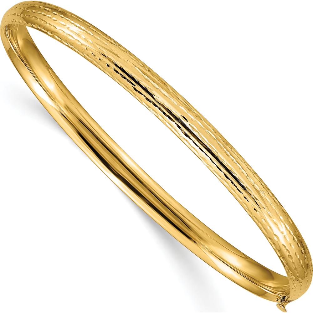 14K Yellow Gold Diamond-Cut Polished Hinged Oval Bangle Bracelet - 4.75mm Width by Oro Pregiato