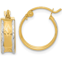14K Yellow Gold Diamond-Cut Polished Hoop Earrings with Rhodium Accents - 15.29mm by 0