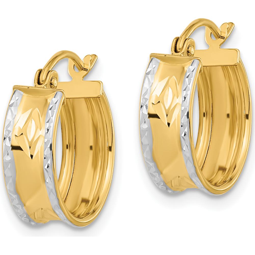 14K Yellow Gold Diamond-Cut Polished Hoop Earrings with Rhodium Accents - 15.29mm by 0