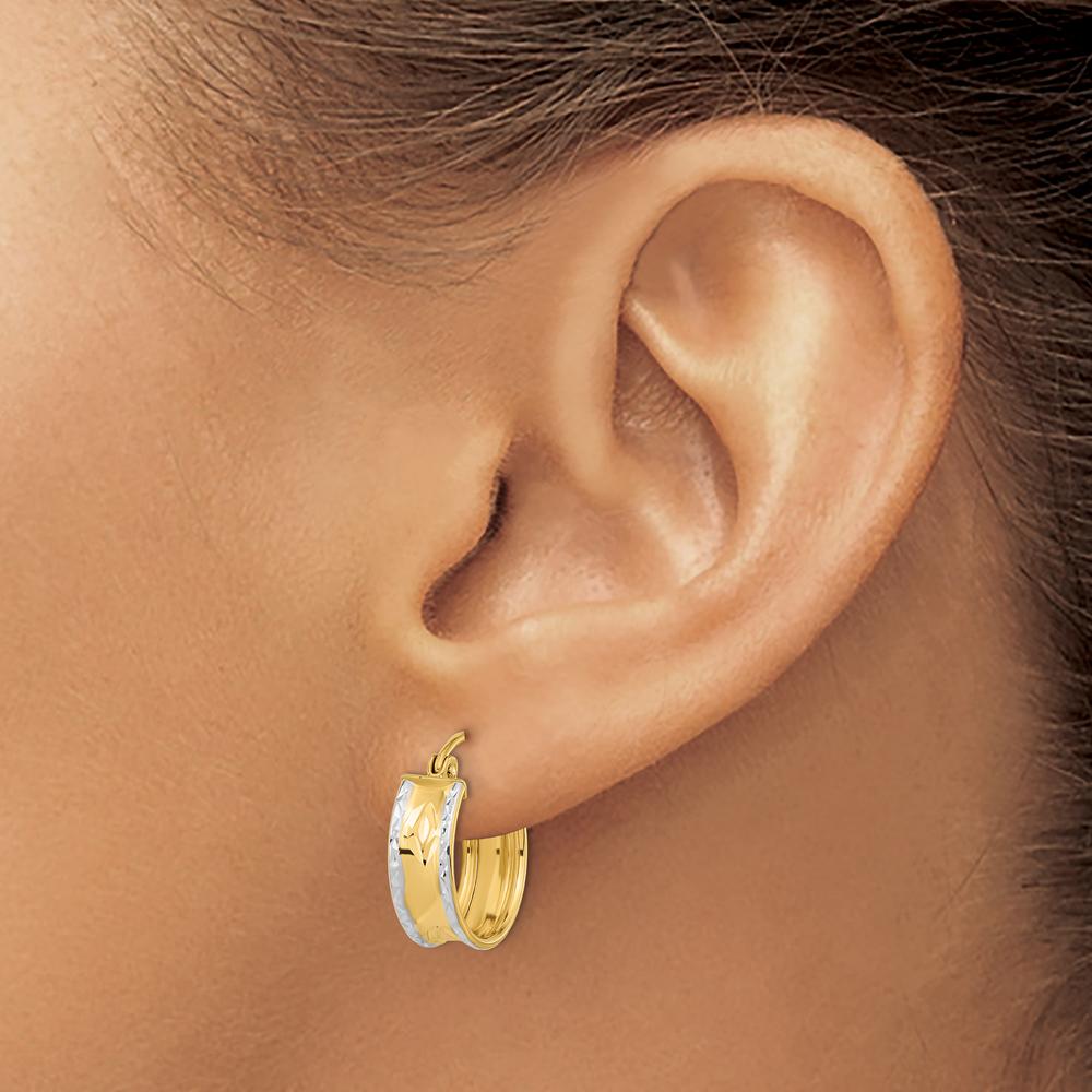 14K Yellow Gold Diamond-Cut Polished Hoop Earrings with Rhodium Accents - 15.29mm by 0