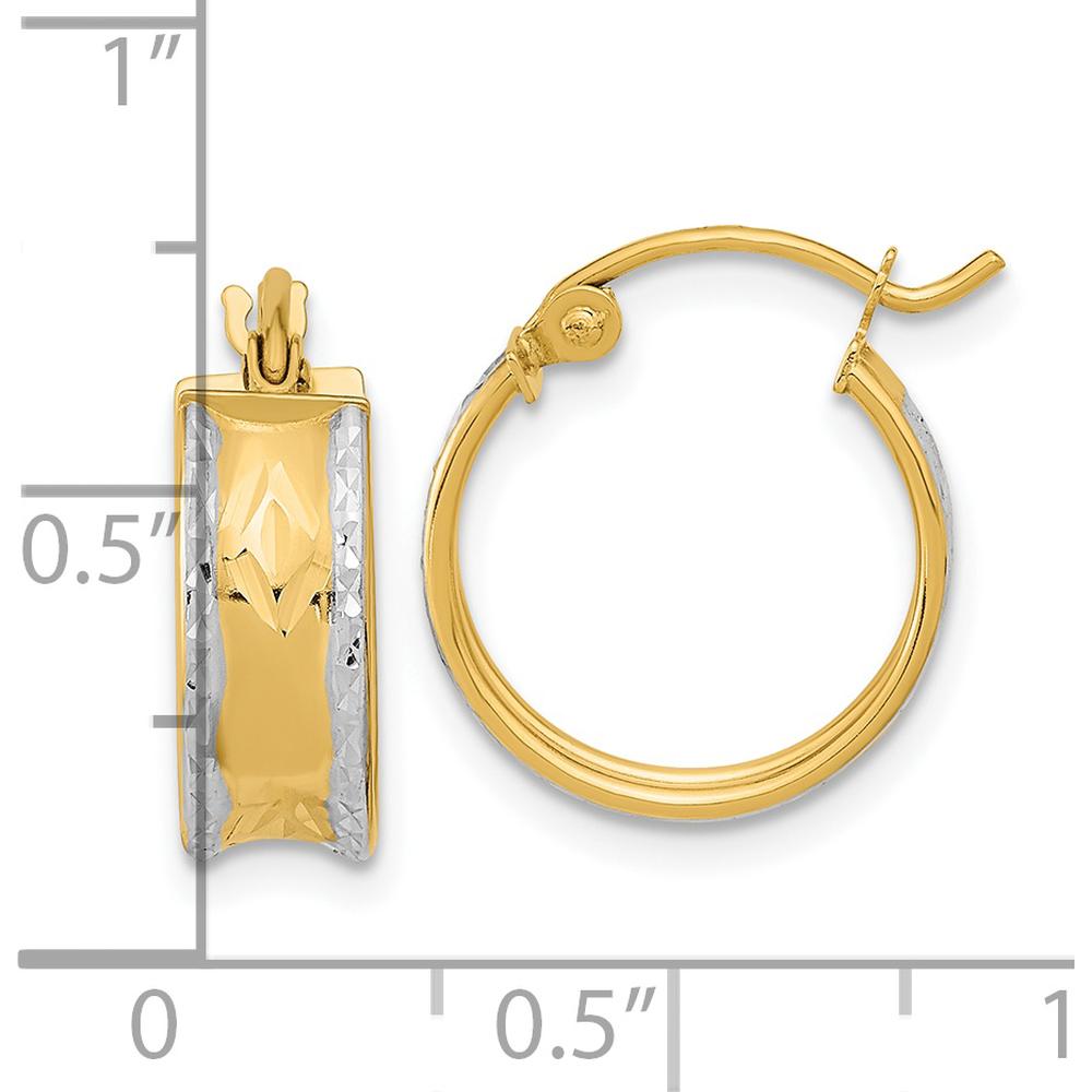 14K Yellow Gold Diamond-Cut Polished Hoop Earrings with Rhodium Accents - 15.29mm by 0