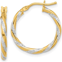 14K Yellow Gold Diamond-Cut Polished Hoop Earrings with Rhodium Accents - 19.7mm Length by 0