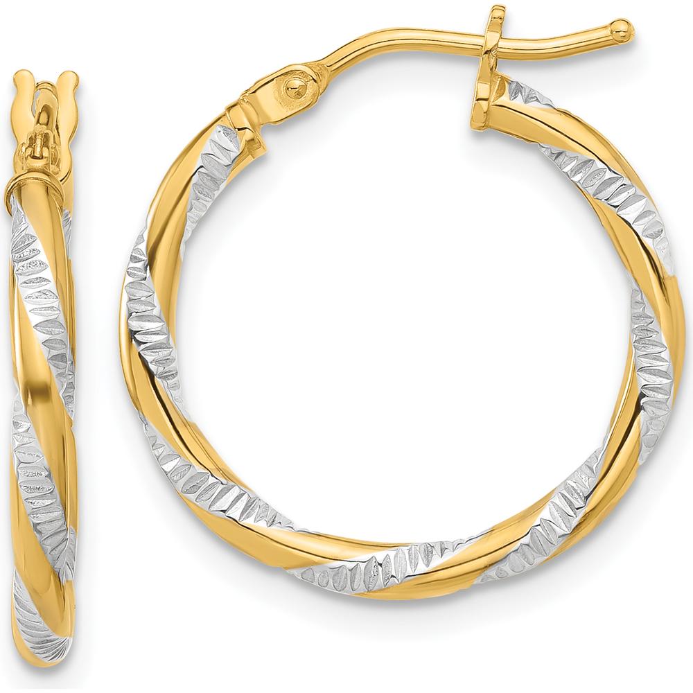 14K Yellow Gold Diamond-Cut Polished Hoop Earrings with Rhodium Accents - 19.7mm Length by 0