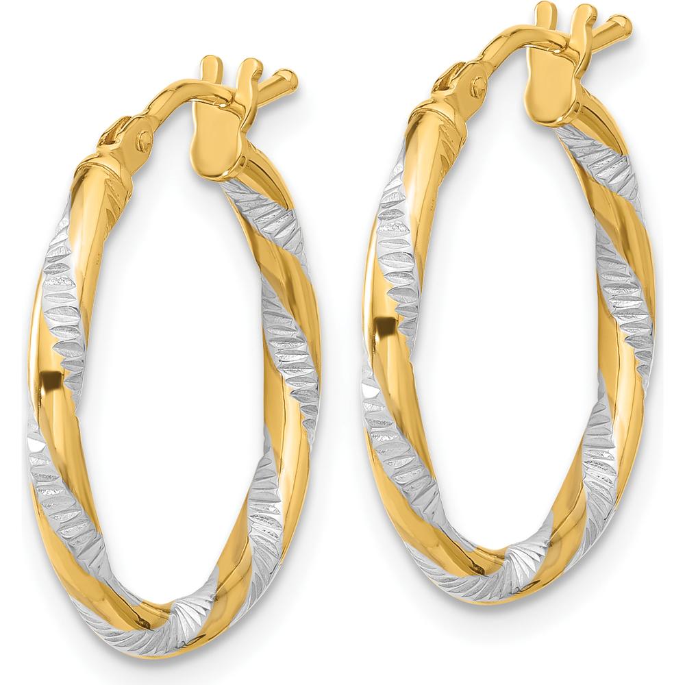 14K Yellow Gold Diamond-Cut Polished Hoop Earrings with Rhodium Accents - 19.7mm Length by 0