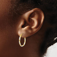 14K Yellow Gold Diamond-Cut Polished Hoop Earrings with Rhodium Accents - 19.7mm Length by 0