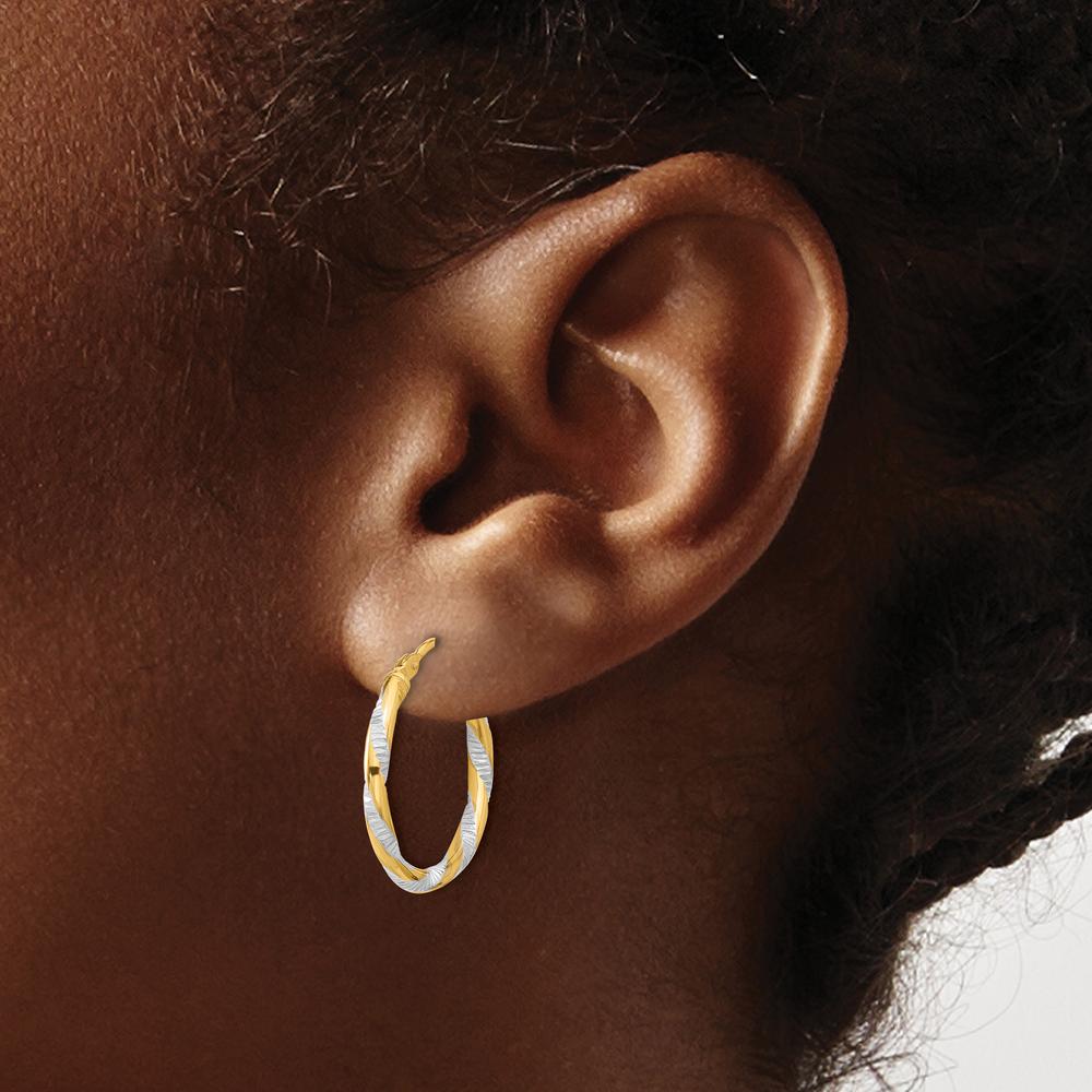 14K Yellow Gold Diamond-Cut Polished Hoop Earrings with Rhodium Accents - 19.7mm Length by 0