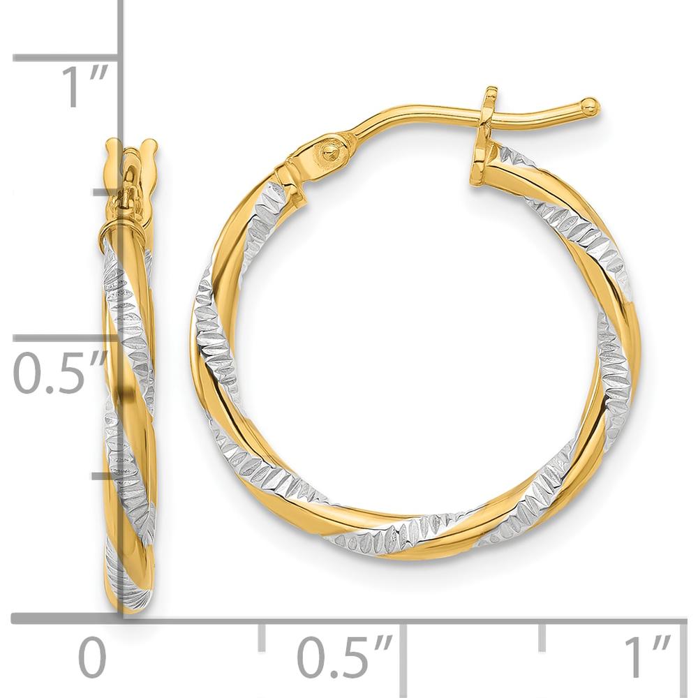 14K Yellow Gold Diamond-Cut Polished Hoop Earrings with Rhodium Accents - 19.7mm Length by 0