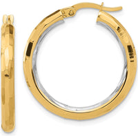 14K Yellow Gold Diamond-Cut Polished Hoop Earrings with Rhodium Accents - 27.75mm Length, 26mm Width by 0