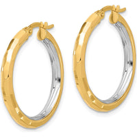 14K Yellow Gold Diamond-Cut Polished Hoop Earrings with Rhodium Accents - 27.75mm Length, 26mm Width by 0