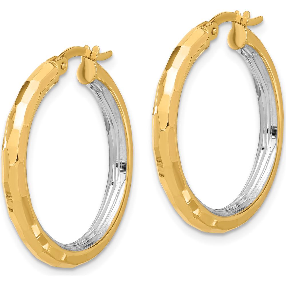 14K Yellow Gold Diamond-Cut Polished Hoop Earrings with Rhodium Accents - 27.75mm Length, 26mm Width by 0